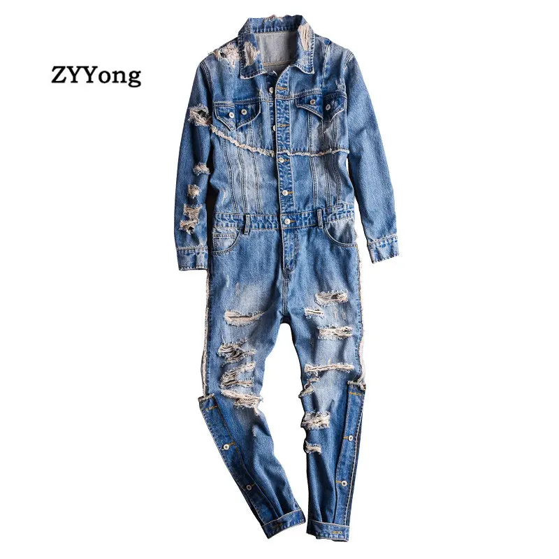 Top Trends: High Street Men Denim Jumpsuit Hip Hop Streetwear Hole Ripped Jeans Overalls Tattered Cargo Pants Fashion Freight Trousers Shoppable Styles