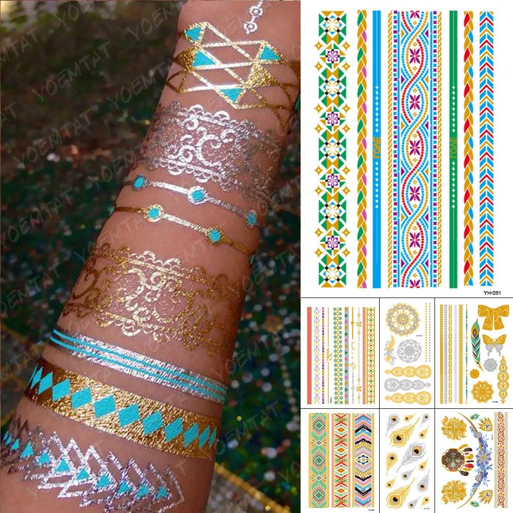 Top Trends: Waterproof Temporary Tattoo Sticker Metal Gold Silver Blue Mandala Bracelet Jewelry Flash Tatto Women Henna Body Art Fake Tatoo Shoppable Styles