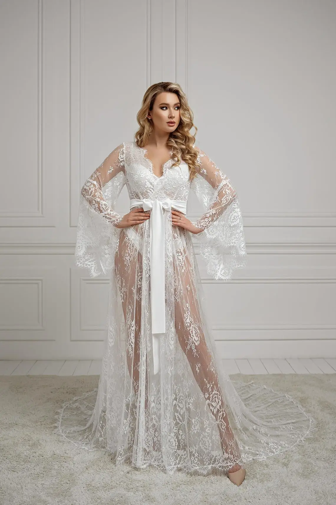 Top Trends: Elegant White Sleepwear Women Bathrobe Full Lace Long Sleeves Wedding Bridal Robe With Belt Customize Nightgown Pajamas Shoppable Styles - Image 2