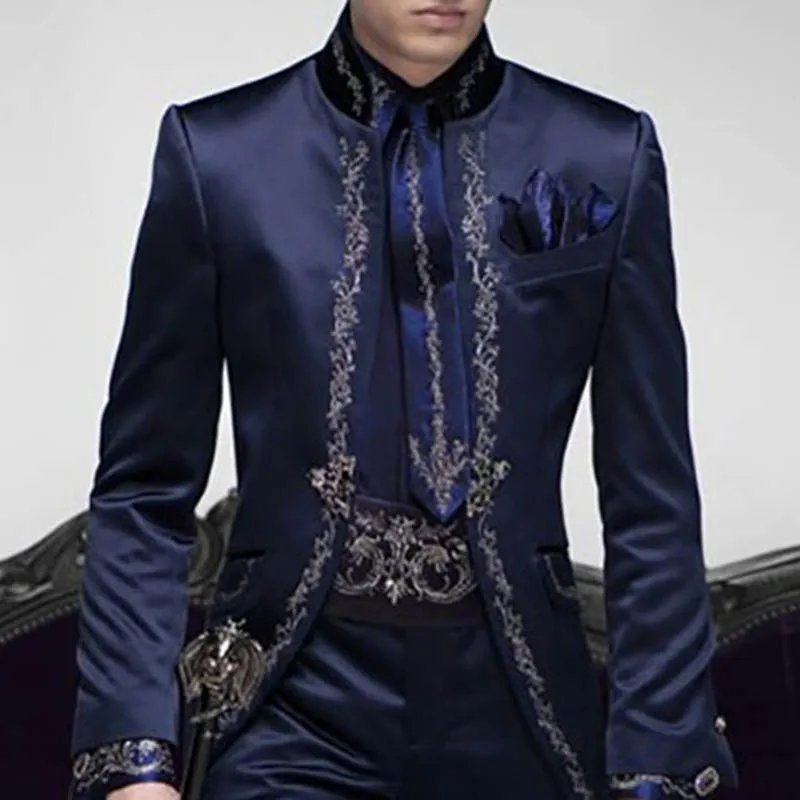 Top Trends: 2023 Tailor Made Italian Embroidery Navy Blue Men Suits Slim Fit Groom Prom 2 Piece Male Blazer Luxury Brand Jacket+ Pants Shoppable Styles - Image 3