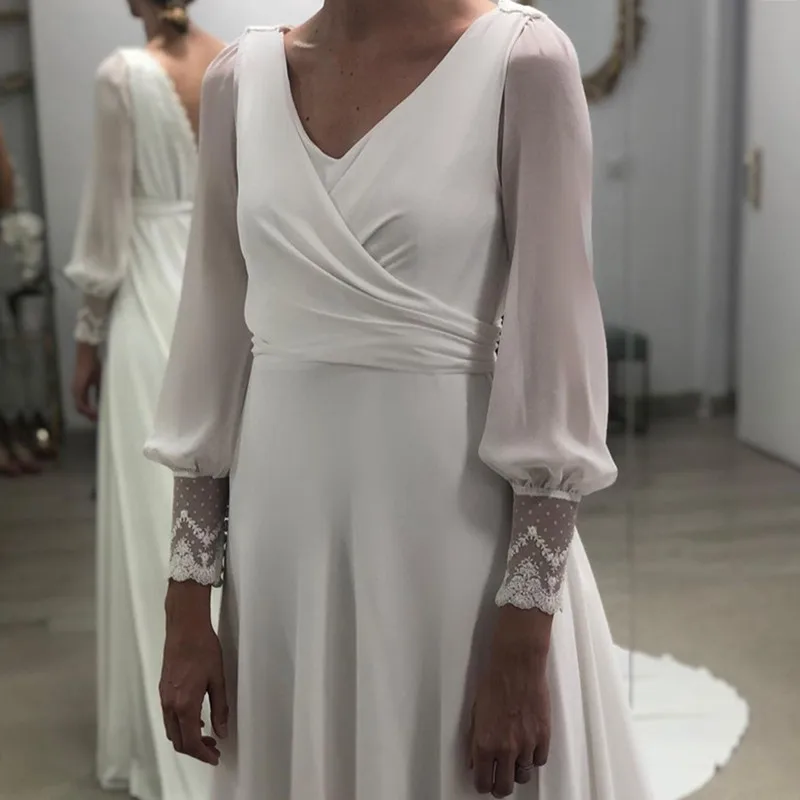 Top Trends: Boho Elegant Wedding Dress Lace Appliques A-Line V-Neck Lantern Sleeve Button Chiffon Backless Bride Gown Robe De Mariée Shoppable Styles