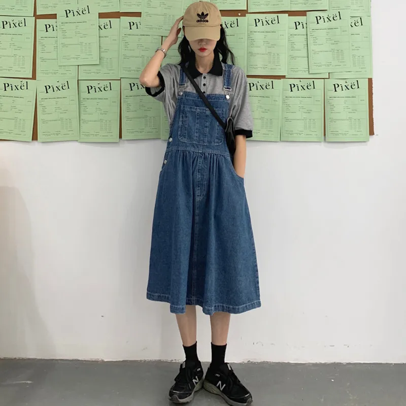 Top Trends: Vintage Preppy Style Suspender Skirt Women Front Pocket Design A-Line Denim Overalls Loose Long Midi Skirt Jeans Shoppable Styles