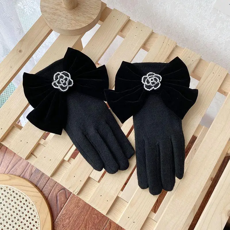 Top Trends: Cashmere Ladies Gloves Handmade Beaded Camellia Winter Gloves Korean Fashion Thickened Warmth Riding Touch Screen Gloves A435 Shoppable Styles