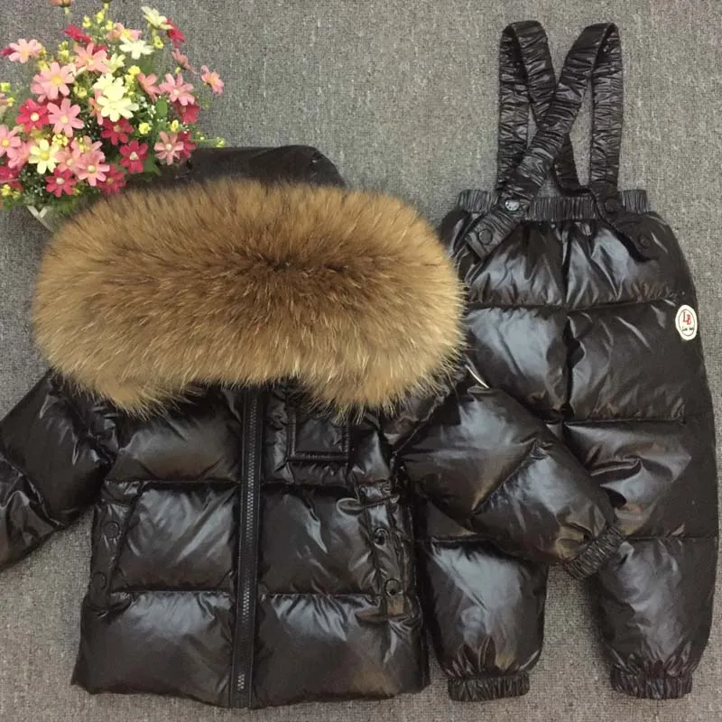 Top Trends: Russian Winter Down Suit Super Warm Children Winter Suits Boys Girl Duck Down Jacket+ overalls 2 Pcs Clothing Set Kids Snow Wear Shoppable Styles