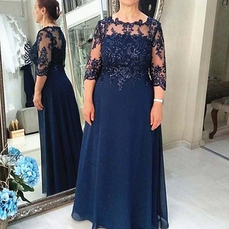 Top Trends: Dark Navy Mother Of The Bride Dress D09 Wedding Party Lace Chiffon 3 / 4 Sleeves Plus Size Mother Of The Groom Suits Evening Gowns Shoppable Styles