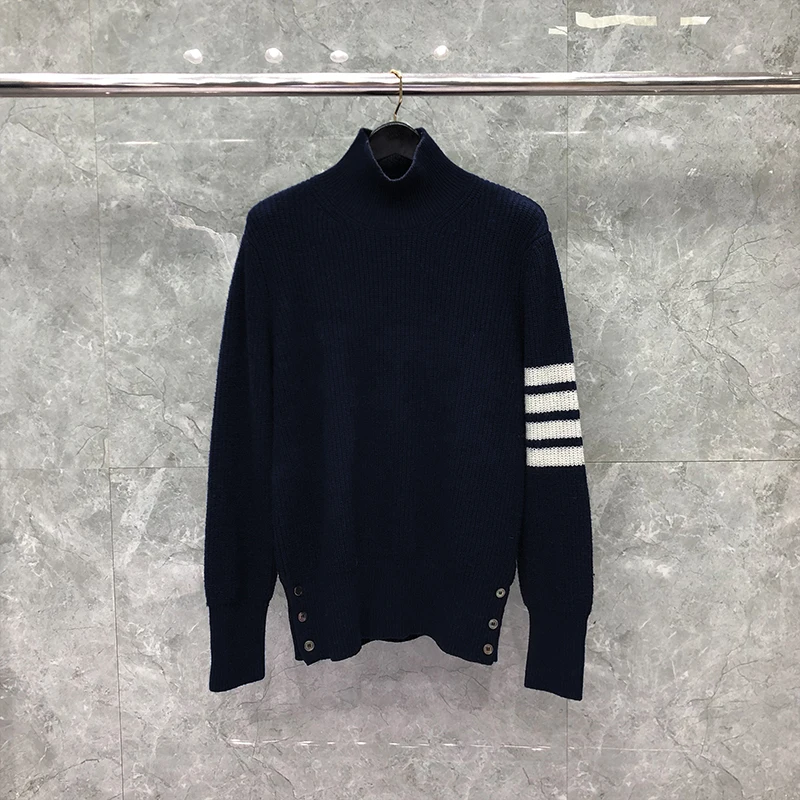 Top Trends: TB THOM Sweater Autunm Winter Sweaters Male Fashion Brand Men's Clothing Wool 4-Bar Stripe Turtleneck Knit Navy TB Sweaters Shoppable Styles