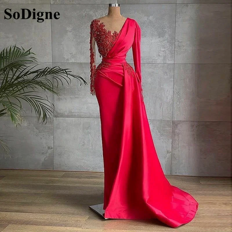 Top Trends: SoDigne Arabic Red Satin Mermaid Prom Dresses V-Neck Vintage Long Sleeves Evening Gown Pleats Beads Lace Dubai Women Party Gown Shoppable Styles