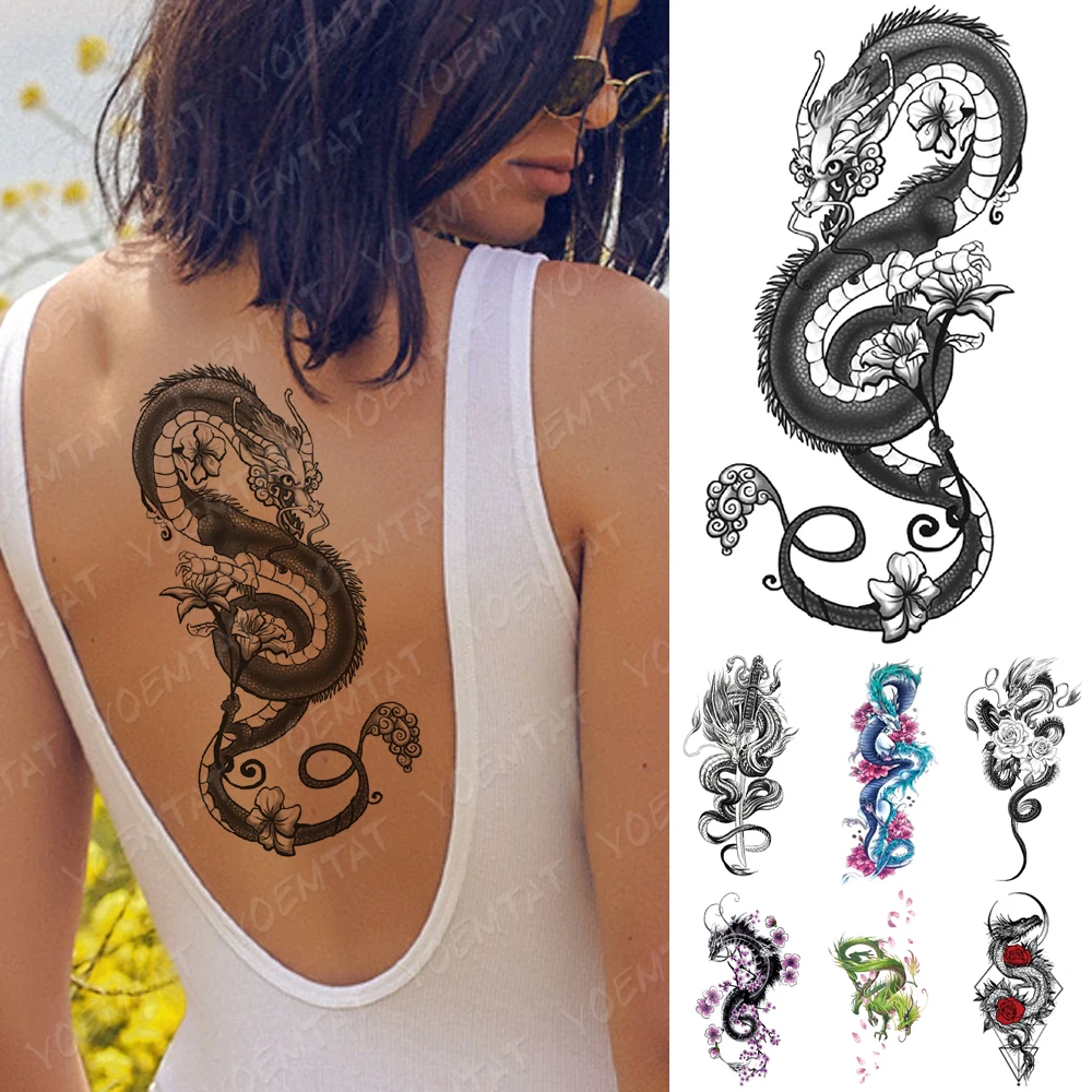 Top Trends: Waterproof Temporary Tattoo Sticker Dragon Lotus Plum Rose Tattoos Sword Snake Body Art Arm Fake Sleeve Tatoo Women Men Shoppable Styles