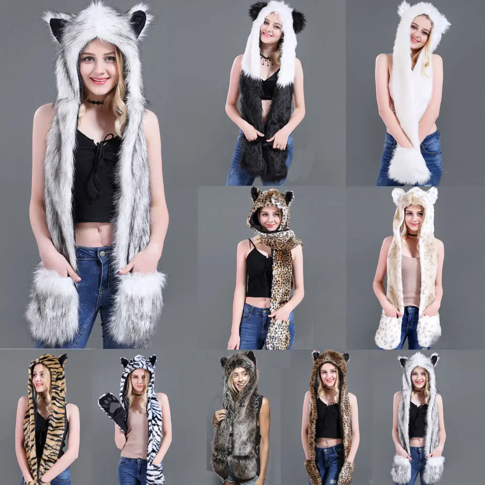 Top Trends: Fuzzy Fluffy Women Winter Animal Wolf Cat Ear Hat Beanies With Mittens Gloves Plush Beanie Shoppable Styles