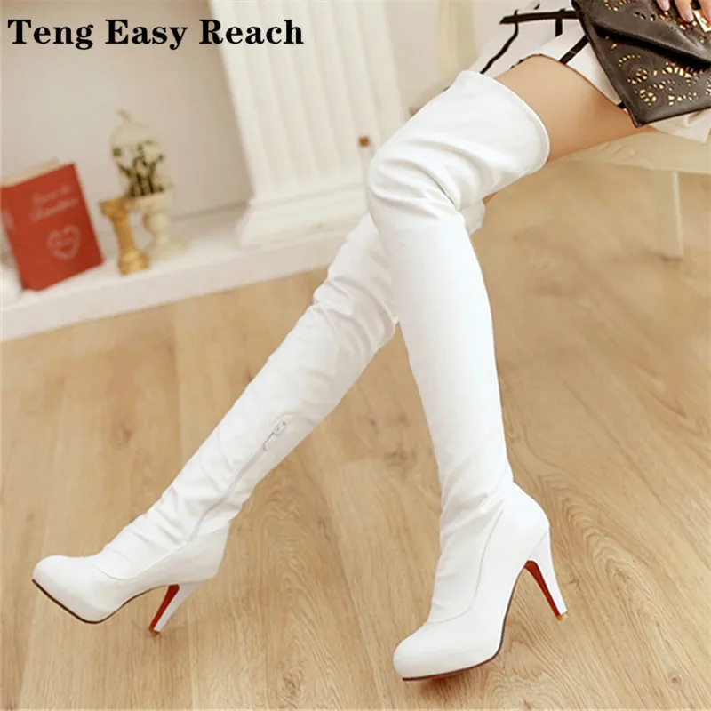 Top Trends: Sexy Spuer High Heel Over The Knee Boots Women Platform Stretch Boots Zipper Autumn Winter Fashion Women Shoes Black White Shoppable Styles