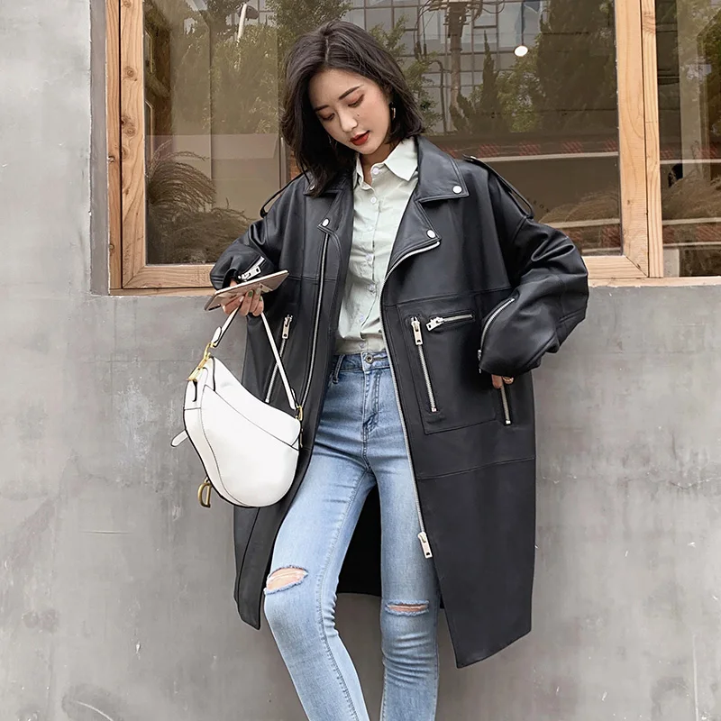 Top Trends: Nerazzurri Autumn Oversized Black Long Womens Leather Biker Jacket Long Sleeve Spring Loose Faux Leather Coat Streetwear 2022 Shoppable Styles