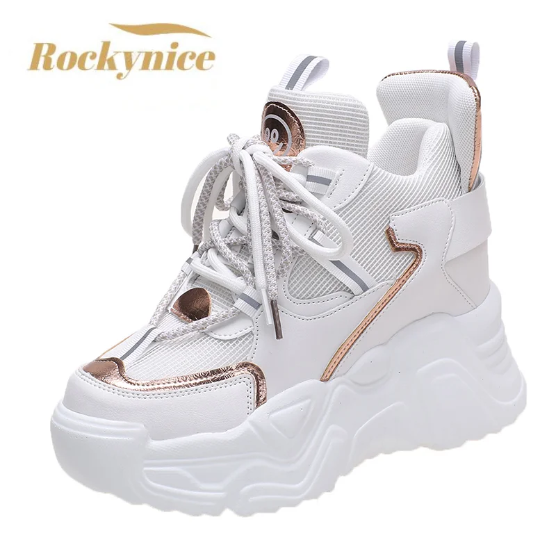 Top Trends: 2022 Spring Thick Sole Casual Dad Shoes Breathable Leather Chunky Sneakers Lace-up 10CM High Platform Sports Shoes Zapatos Mujer Shoppable Styles