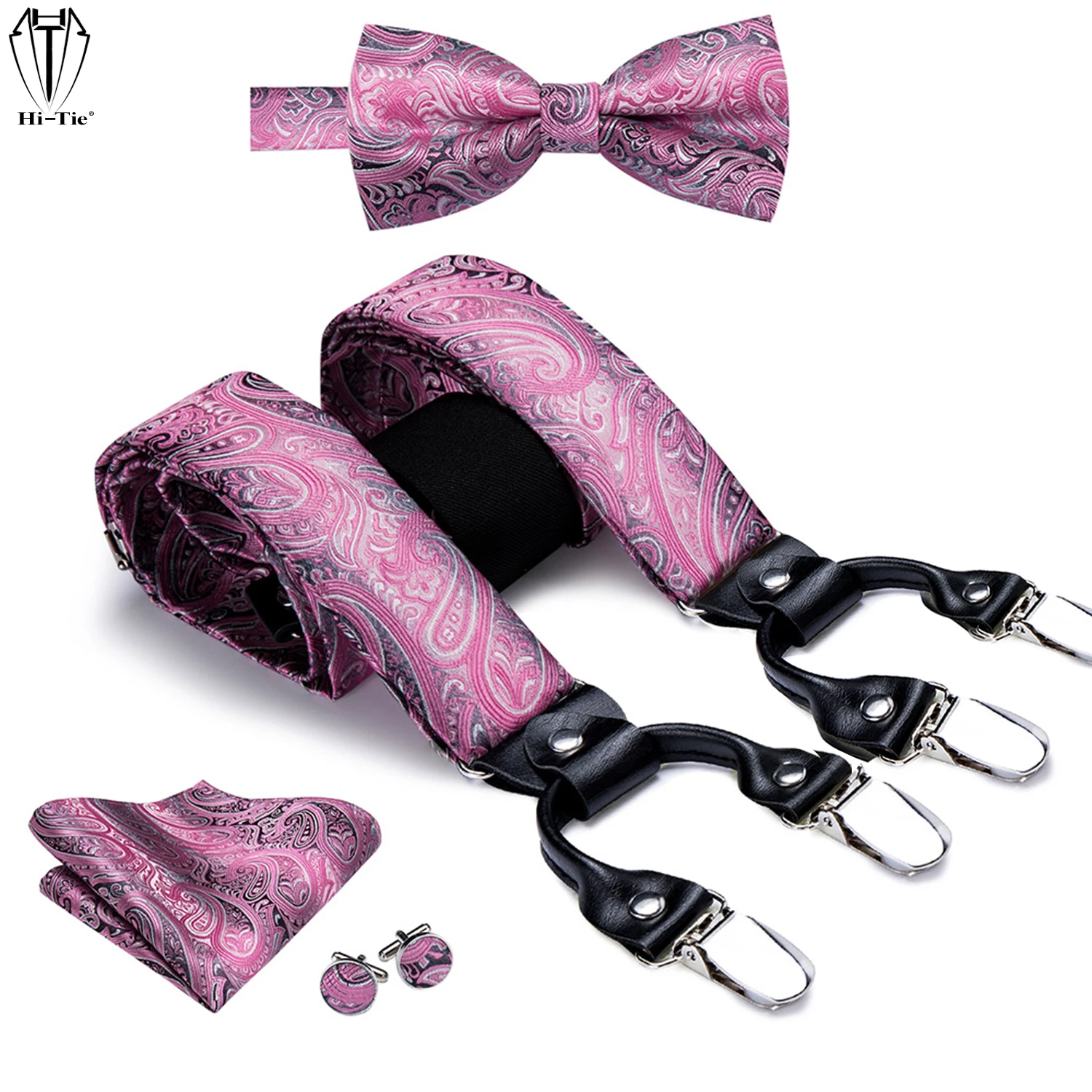 Top Trends: Luxury 100% Silk Mens Suspenders Set 6 Clips Vintage Braces For Men Pink Purple Paisley Flower Suspender Bow Tie Hanky Cufflinks Shoppable Styles