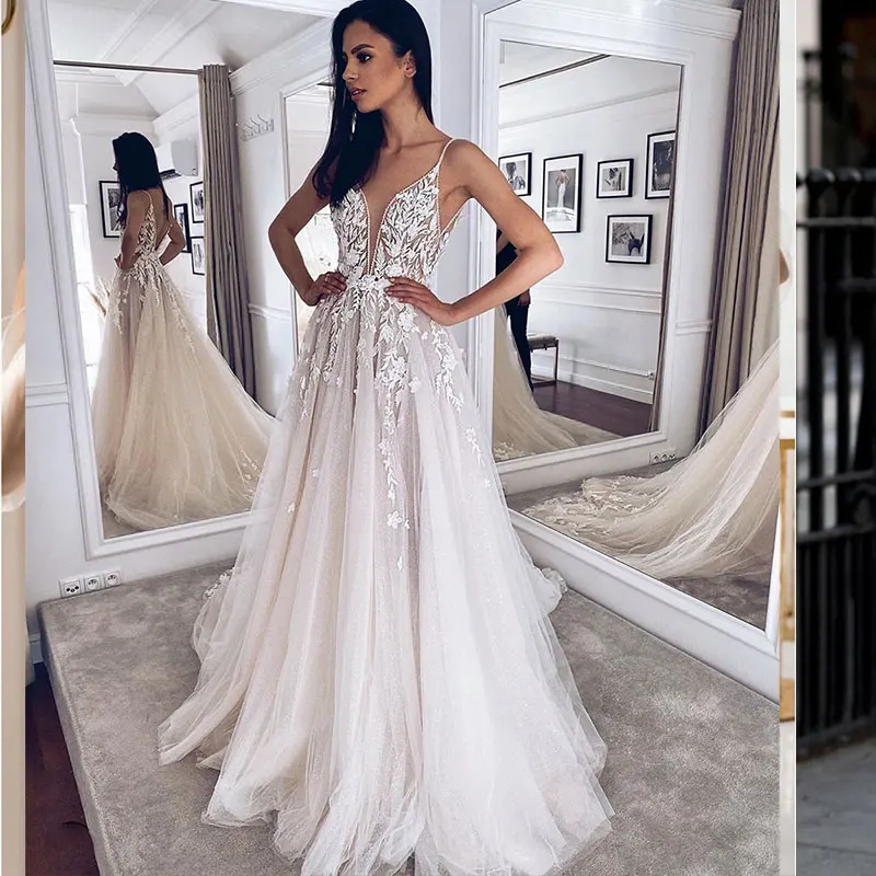 Top Trends: BEACH Spaghetti Strap Deep V Neck Wedding Dress For Bride Lace Appliques Sparkly Tulle Backless Gorgeous Bridal Gowns Shoppable Styles