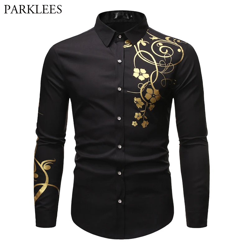 Top Trends: Stylish Gold Flower Print Black Shirt Men 2023 Spring New Slim Fit Long Sleeve Mens Dress Shirts Party Casual Male Social Shirt Shoppable Styles