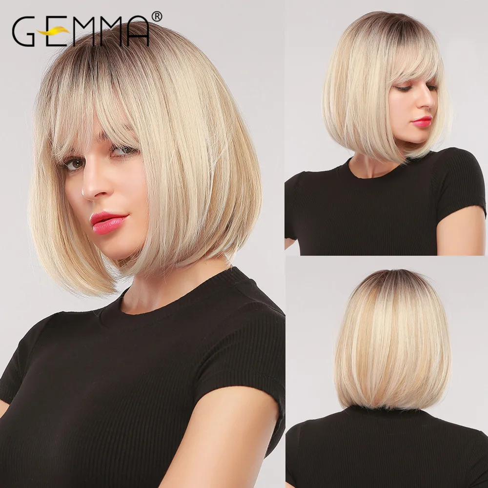 Top Trends: GEMMA Short Straight Bob Synthetic Wigs With Bangs For Women Afro Ombre Black Brown Yellow Blonde Wigs Cosplay Party Daily Hair Shoppable Styles