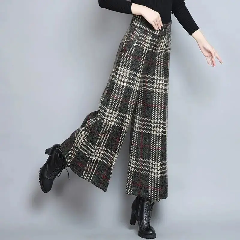 Top Trends: 2021Women Autumn Fashion Plaid Woolen Wide-leg Pants Ankle-length Trousers Winter New Thick Skirt Trousers High Waist Pants A713 Shoppable Styles