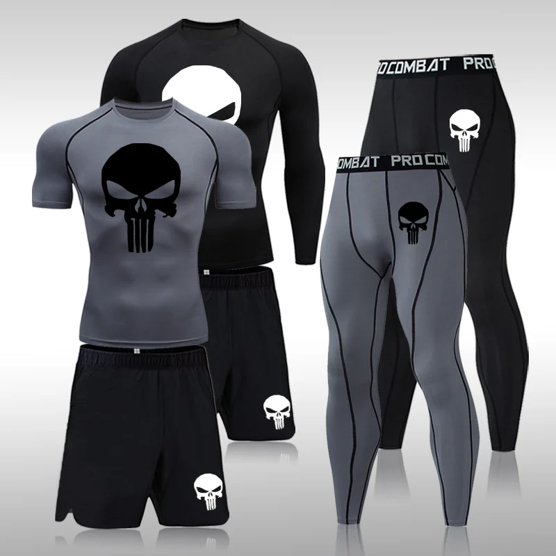 Top Trends: 4XL MMA Men Compression Sets Tracksuit Skull Mens Sport Jogging Suit Running Set Rashgard Gym Clothing Men Fitness Workout Tight Shoppable Styles