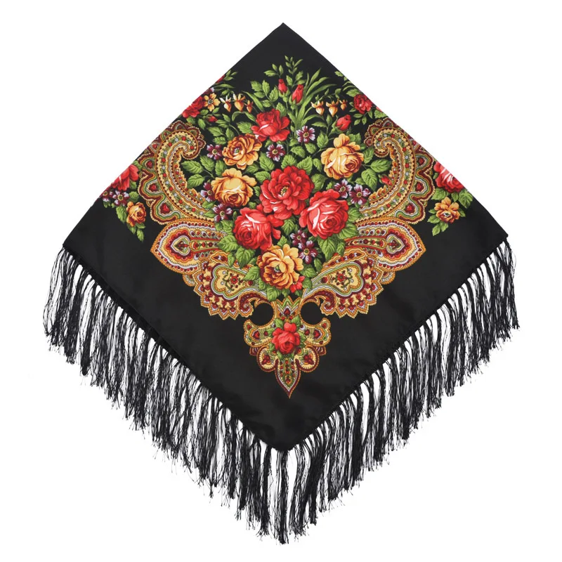 Top Trends: 90*90cm Russian National Style Square Scarf Shawl Female Cotton Fringed Print Scarf Lady Head Wraps Foulard Femme Hijab Scarfs Shoppable Styles