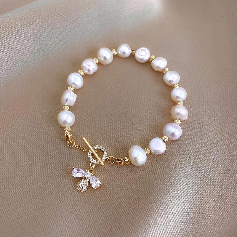 Top Trends: 2021 Elegant Baroque Pearl String Bracelet For Woman Luxury Zircon Bee Pendant Bracelet Fashion Girl&#039;s Sweet Jewelry Shoppable Styles