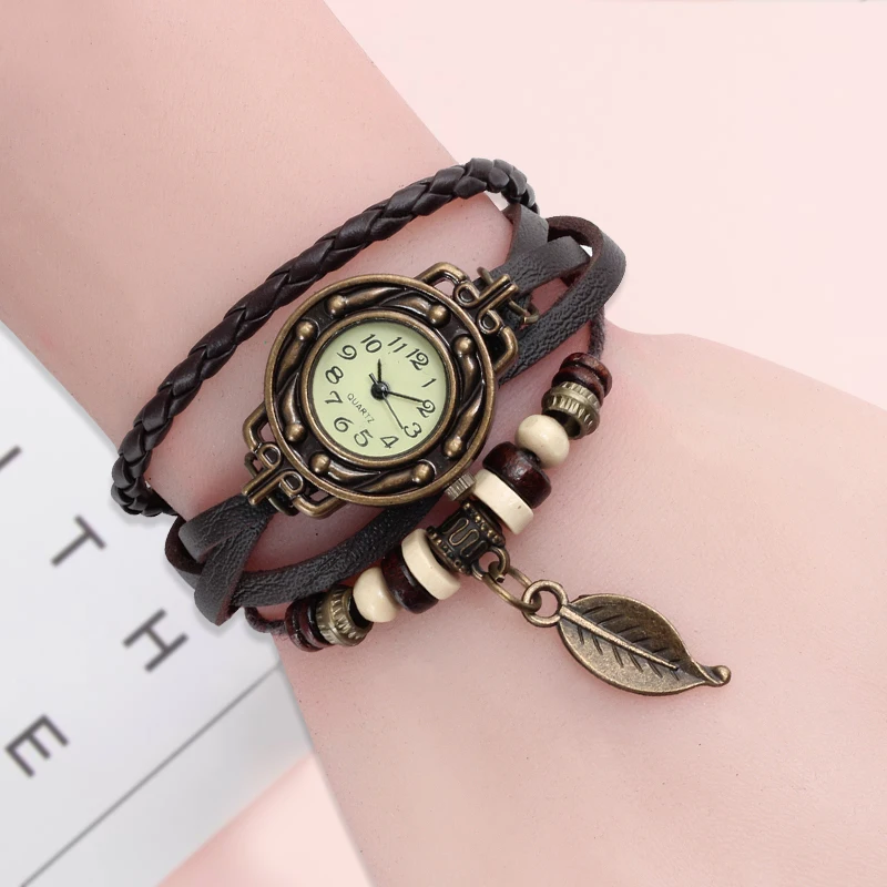 Top Trends: Multicolor High Quality Women Genuine Leather Vintage Quartz Dress Watch Bracelet Wristwatches Leaf Gift Christmas Free Shipping Shoppable Styles