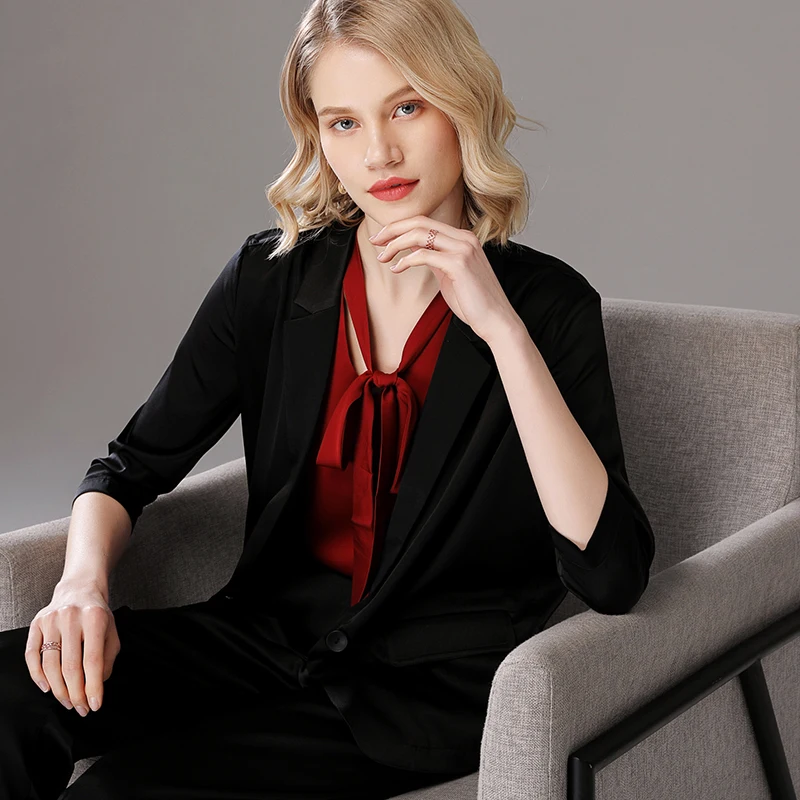 Top Trends: SuyaDream Silk Blazer Silk Satin Woman 3 / 4 Sleeves Single Button Solid Office Chic Blazers 2021 Fall Winter Elegant Blazer Set Shoppable Styles - Image 4