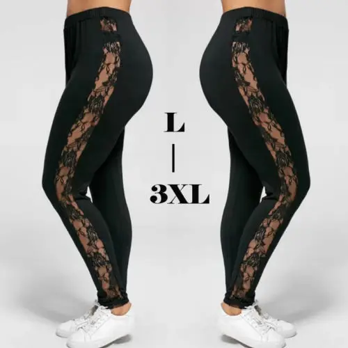 Top Trends: L-3XL Plus Size Trousers For Women Fashion Casual Black Slimming High Waist Lace Patchwork See Through Leggings Pants 2023 Shoppable Styles