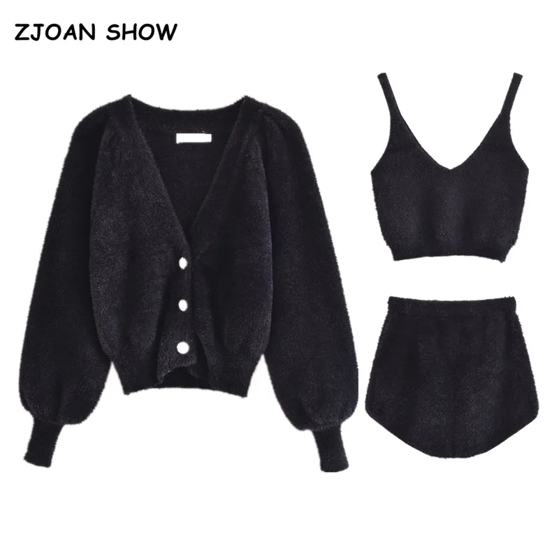 Top Trends: 2021 Vintage Shaggy Korea Style Black Cardigan Furry Single-breasted Button Tank Top Knitted Sweater Jumper 1 Set Shoppable Styles