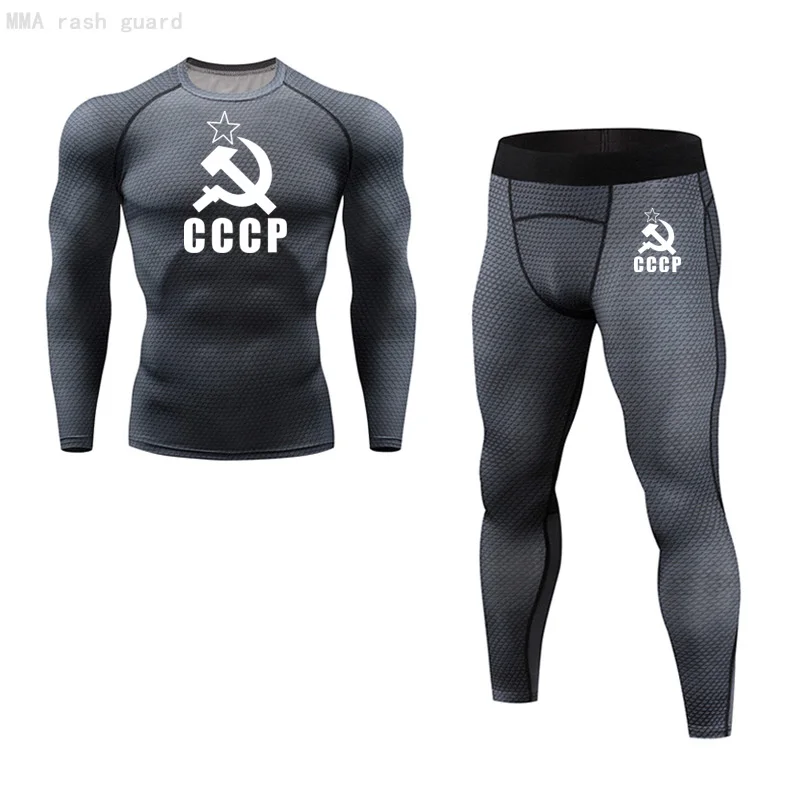 Top Trends: New Men's CCCP Tights 2 Piece Tracksuit Men Compression Shirt Leggings Winter Thermal Underwear Rash Guard MMA Fitness Clothing Shoppable Styles