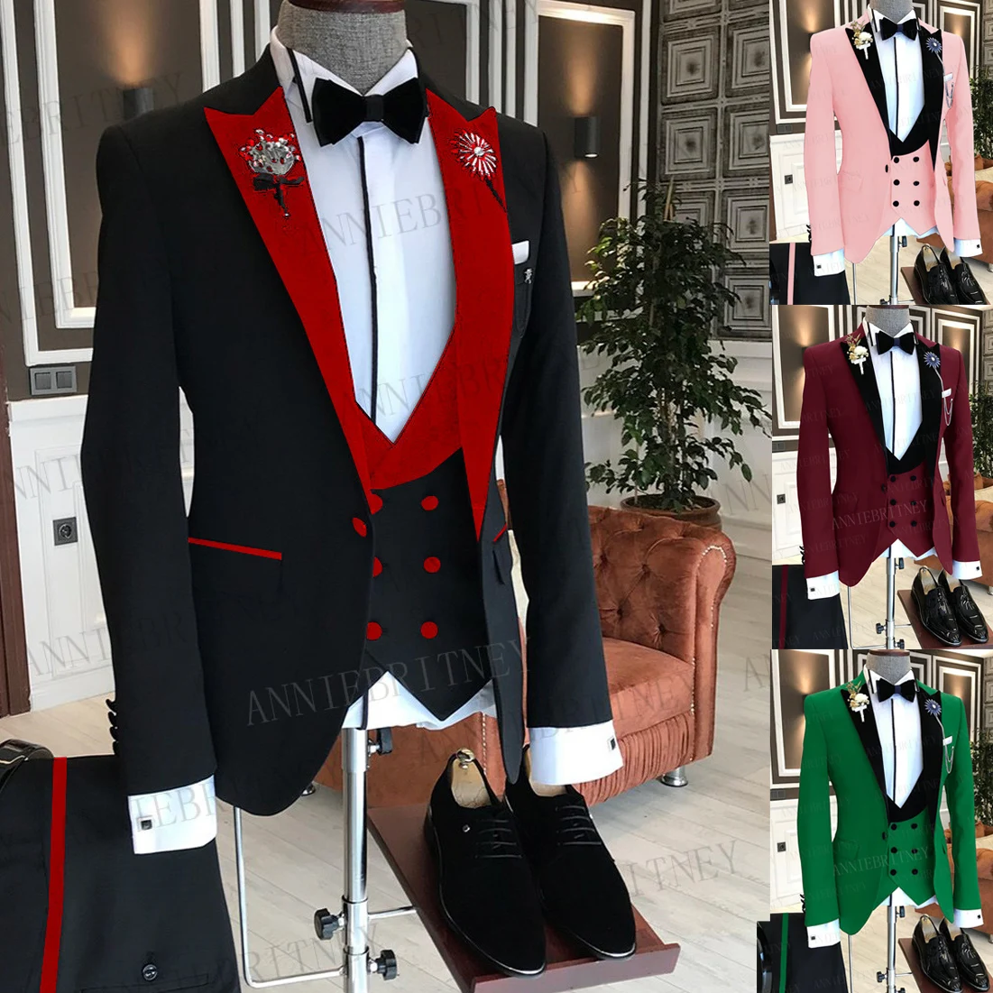 Top Trends: 2023 Formal Business Men Suit 3 Pieces Male Jacket Custom Fashion Groom Wedding Suit Tuxedo Red Velvet Lapel Blazer Vest Pants Shoppable Styles