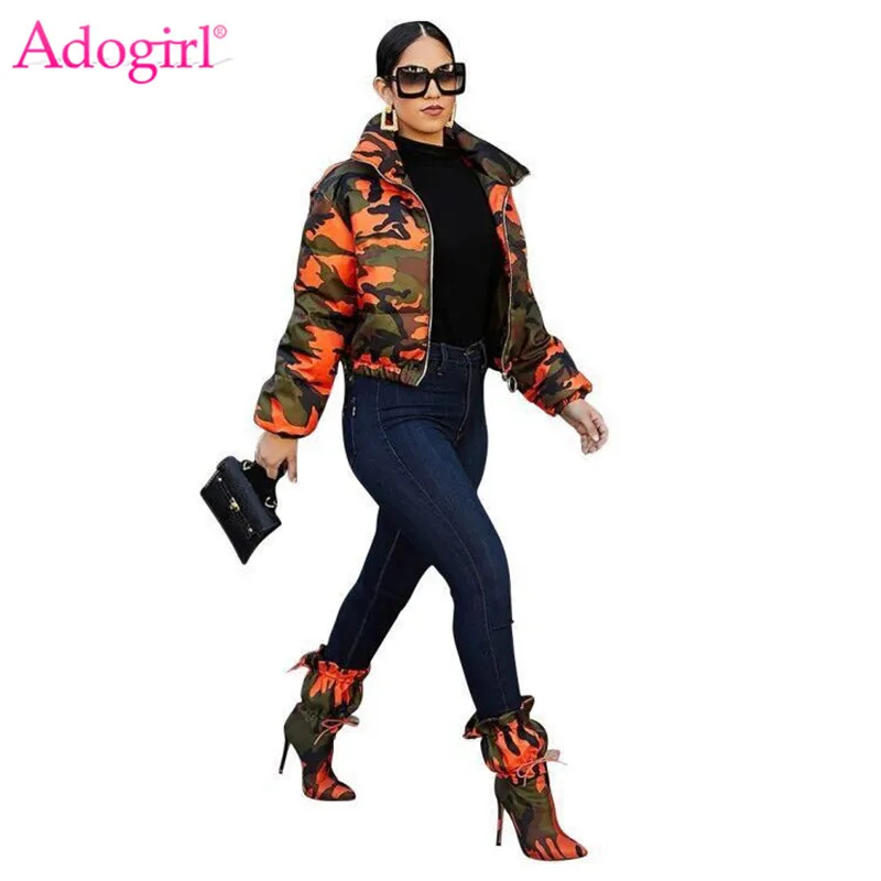 Top Trends: Adogirl Orange Camo Cotton Padded Coat Stand Collar Zipper Long Sleeve Short Jacket Autumn Winter Fashion Warm Outerwear Clothes Shoppable Styles