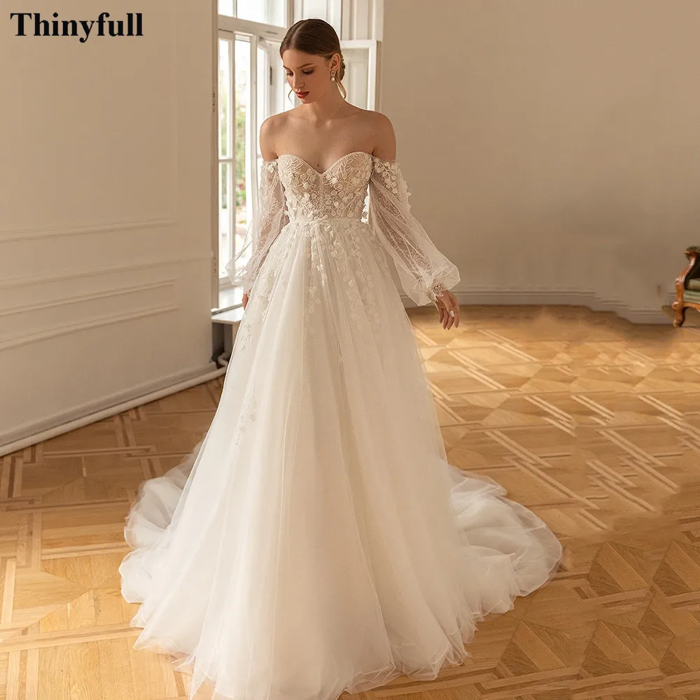 Top Trends: Thinyfull Long Puff Sleeves Boho Wedding Dresses Appliques Lace A Line Formal Wedding Party Dress Plus Size Bridal Gowns 2022 Shoppable Styles