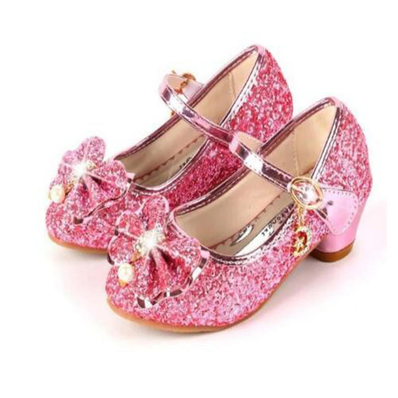 Top Trends: Princess Kids Leather Shoes For Girls Flower Casual Glitter Children High Heel Girls Shoes Butterfly Knot Blue Pink Silver Shoppable Styles