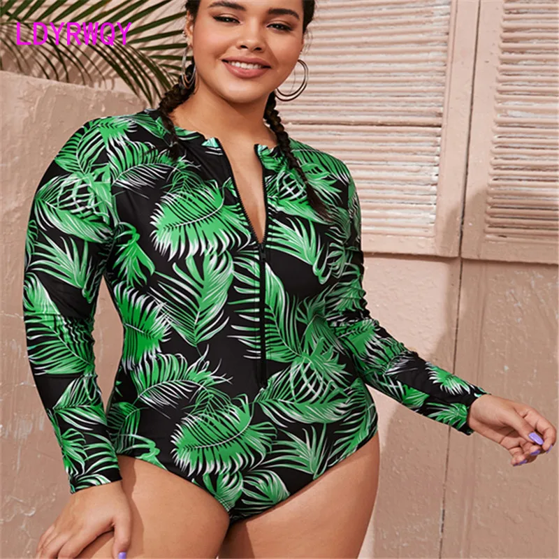 Top Trends: LDYRWQY 2021 New European And American Fashion Long-sleeved Printed Zipper Plus Size Conservative One-piece Bikini Swimsuit Shoppable Styles