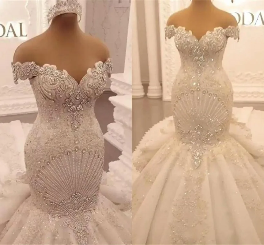 Top Trends: Luxury Appliques Lace Mermaid Wedding Dresses 2024 Elegant Off Shoulder Crystal Backless Ruffles Arabic Dubai Bridal Gowns Shoppable Styles