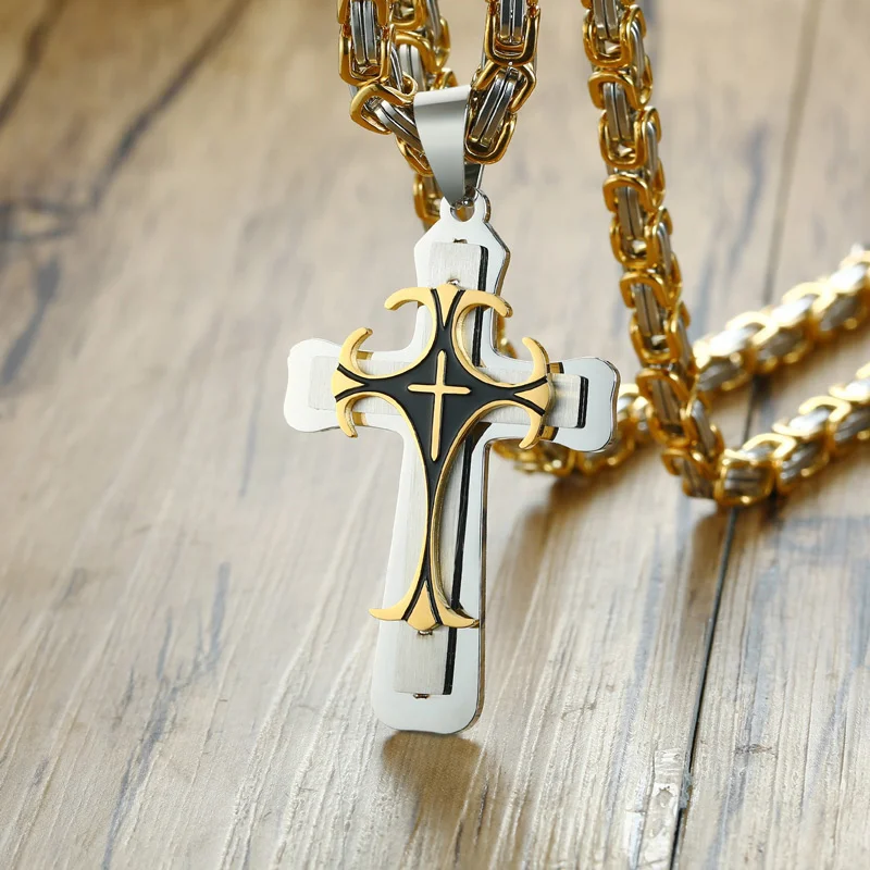 Top Trends: Vnox Cross Necklace For Men Byzantine Gold Color Stainless Steel Chain Catholic Crucifix Pendant Male Punk Rock Ornaments Shoppable Styles