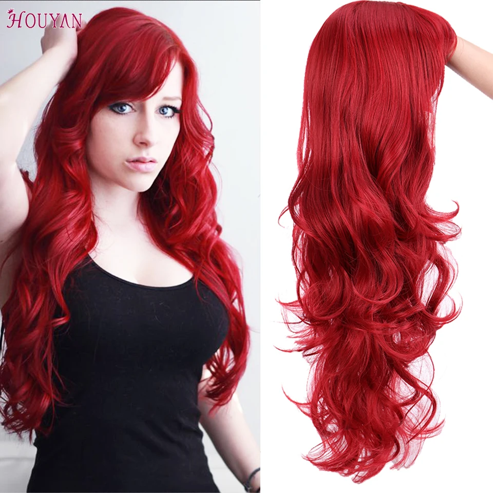 Top Trends: HOUYAN 22 Inch Long Wavy Wig With Bang Red Hair Cosplay Wig Heat Resistant Synthetic Hair Wigs Shoppable Styles