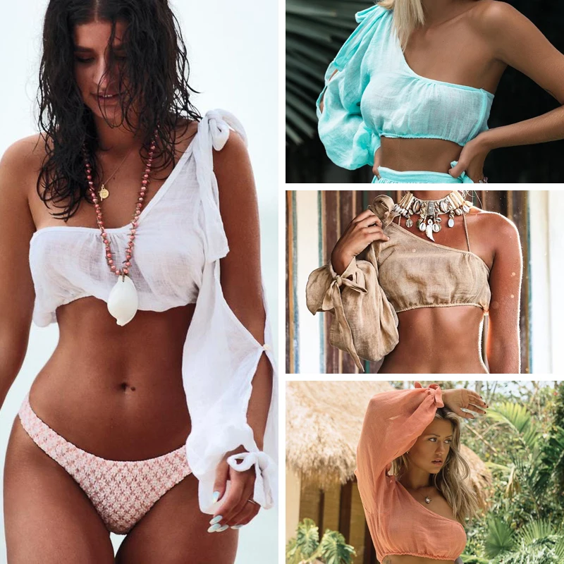 Top Trends: 2019 New Bikini Cover-Up Beach-Dress Long-Sleeve Gossamer Female One-Shoulder Bandage Shoppable Styles