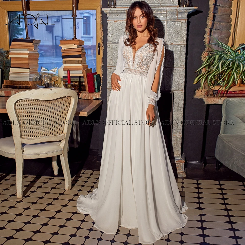 Top Trends: ADLN Deep V-neck Long Sleeves Wedding Dresses Chiffon Beach Bride Dress Custom Made Backless Bohemian Lace Bridal Gown Shoppable Styles