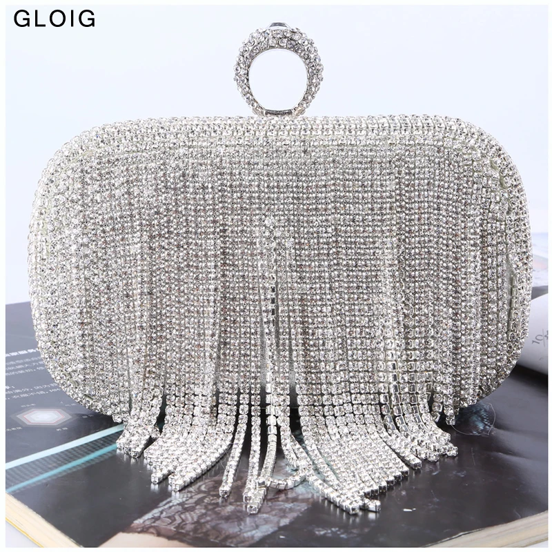 Top Trends: Tassel Diamonds Evening Bags Finger Ring Small Clutch Chain Shoulder One Side Rhinestones Party Wedding Handbags Shoppable Styles