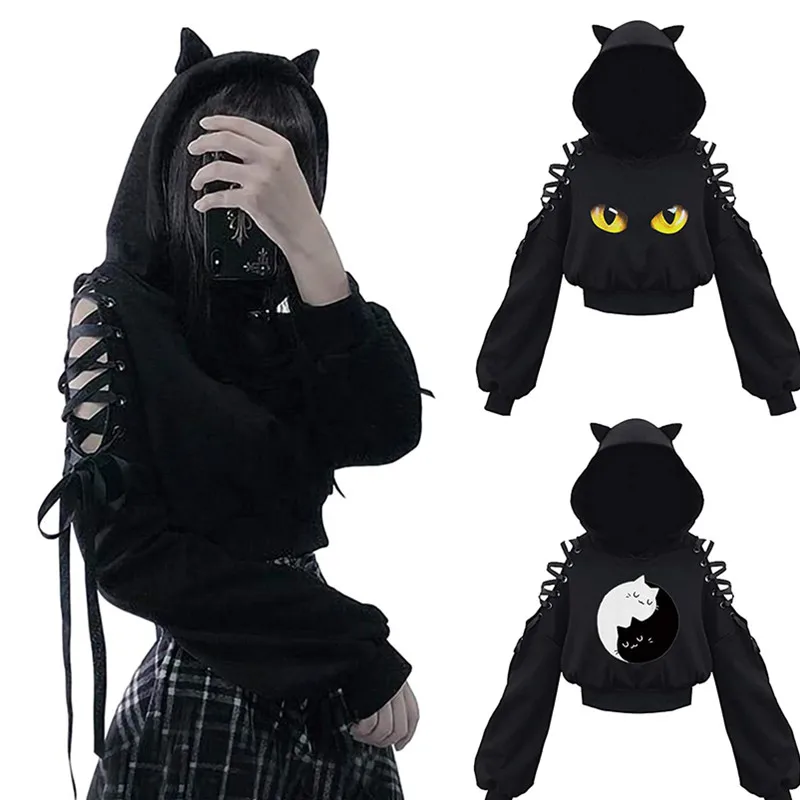 Top Trends: Women Long Sleeve Hoodies Kawaii Cat Ears Hoodie Gothic Punk Harajuku Cold Shouler Bandage Gothic Black Sweatshirts 2021 Shoppable Styles