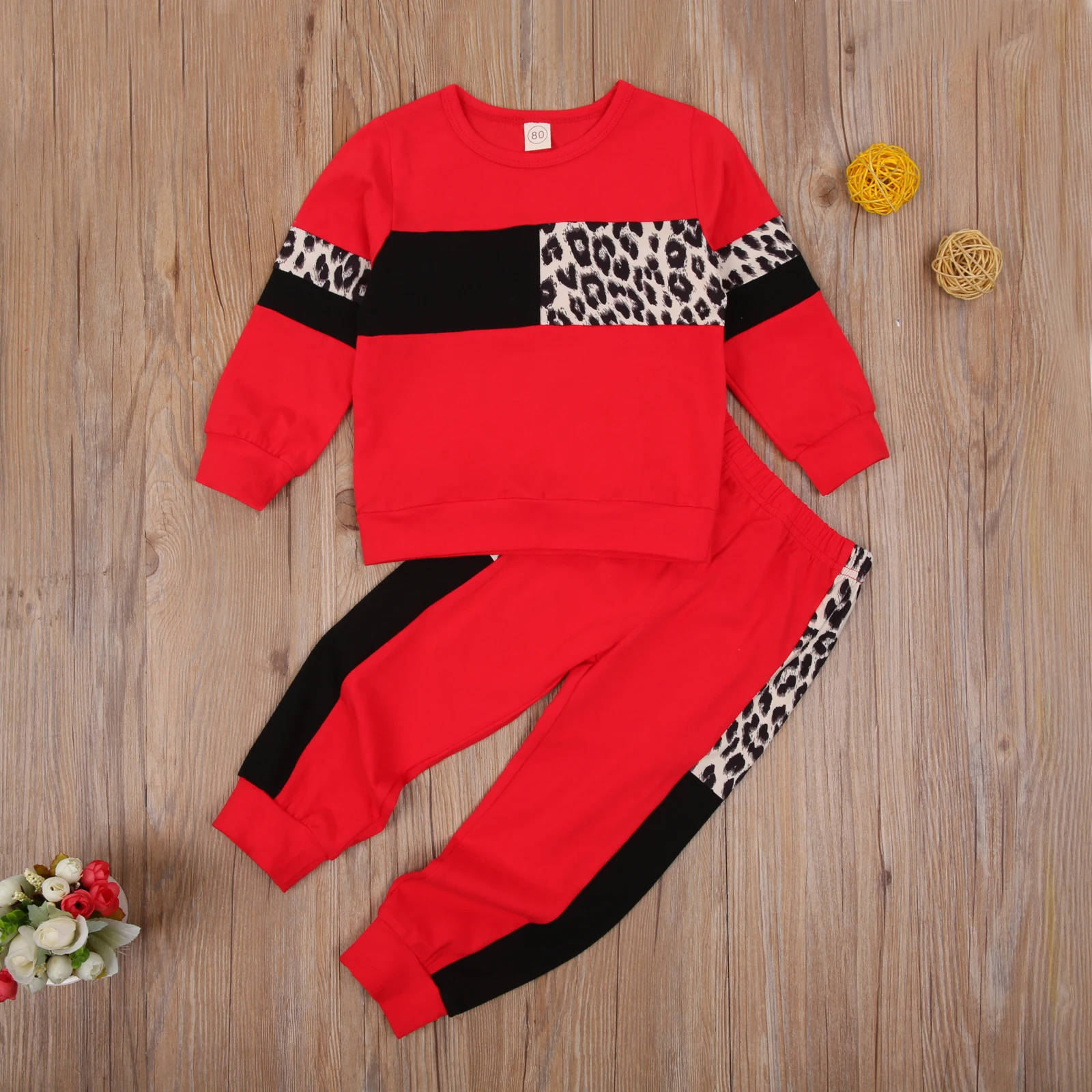 Top Trends: Patchwork Leopard Two Piece Baby Girl Clothes Kids Sportswear Suit Long Sleeve Round Neck Top Elastic Head Long Pants For Autumn Shoppable Styles - Image 3