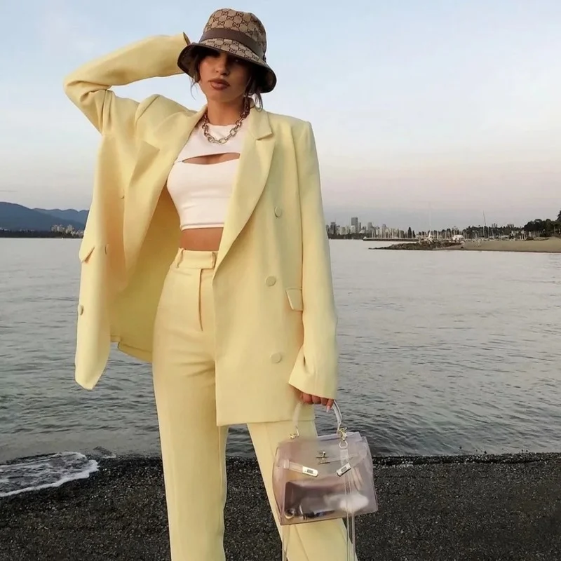 Top Trends: Yellow Blazer Suit Two Piece Set 2023 Women Solid Colors Double Breasted Casual Office Blazer + High Waist Straight Pants Suit Shoppable Styles