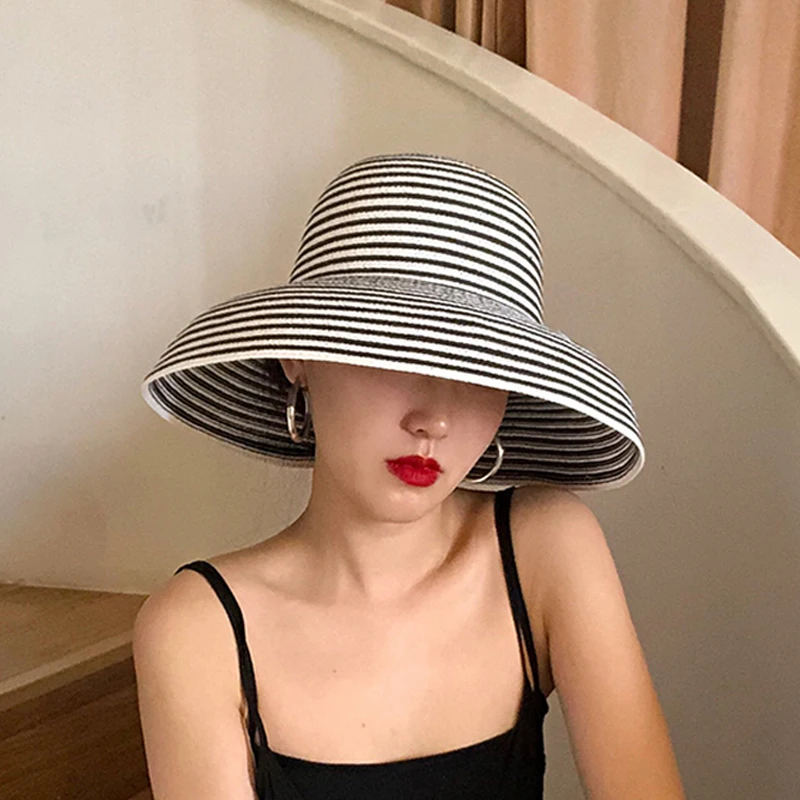 Top Trends: Luna&Dolphin Handmade Women Summer Sun Hat Big Eaves Beach Black White Strip French Hepburn Style Holiday Fold Fisherman Cap Shoppable Styles