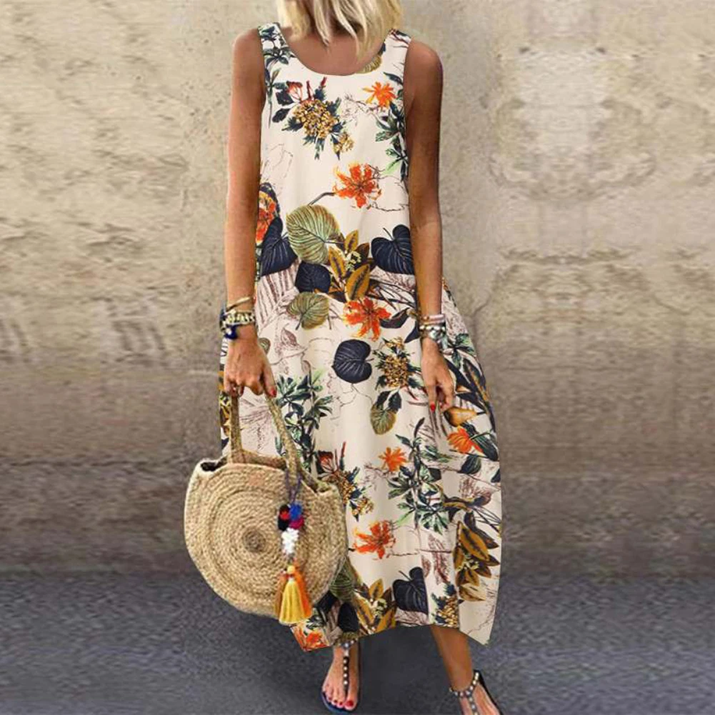 Top Trends: Summer Vintage Women Dress Sleeveless O Neck Leaves Floral Print Cotton Linen Long Baggy Beach Dress Red Xxxxxl платье летнее Shoppable Styles - Image 3