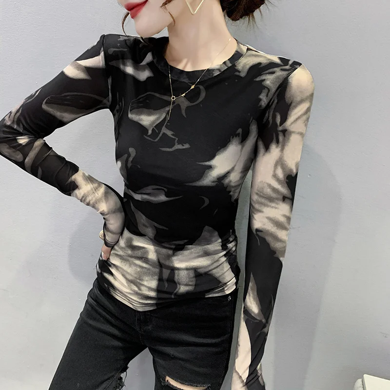 Top Trends: #8105 Tie Dye Printed Black T Shirt Women O-Neck Casual Elastic Skinny Mesh T Shirt Female Vintage Long Sleeve Woman T-shirts Shoppable Styles