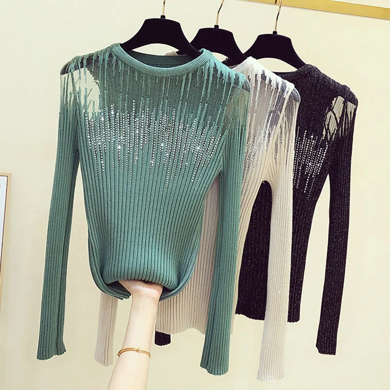 Top Trends: Diamonds Thin Knitted Sweater Women Long Sleeve Hollow Out Sweaters 2023 Autumn Woman Clothes O Neck Slim Pullover Tops Female Shoppable Styles