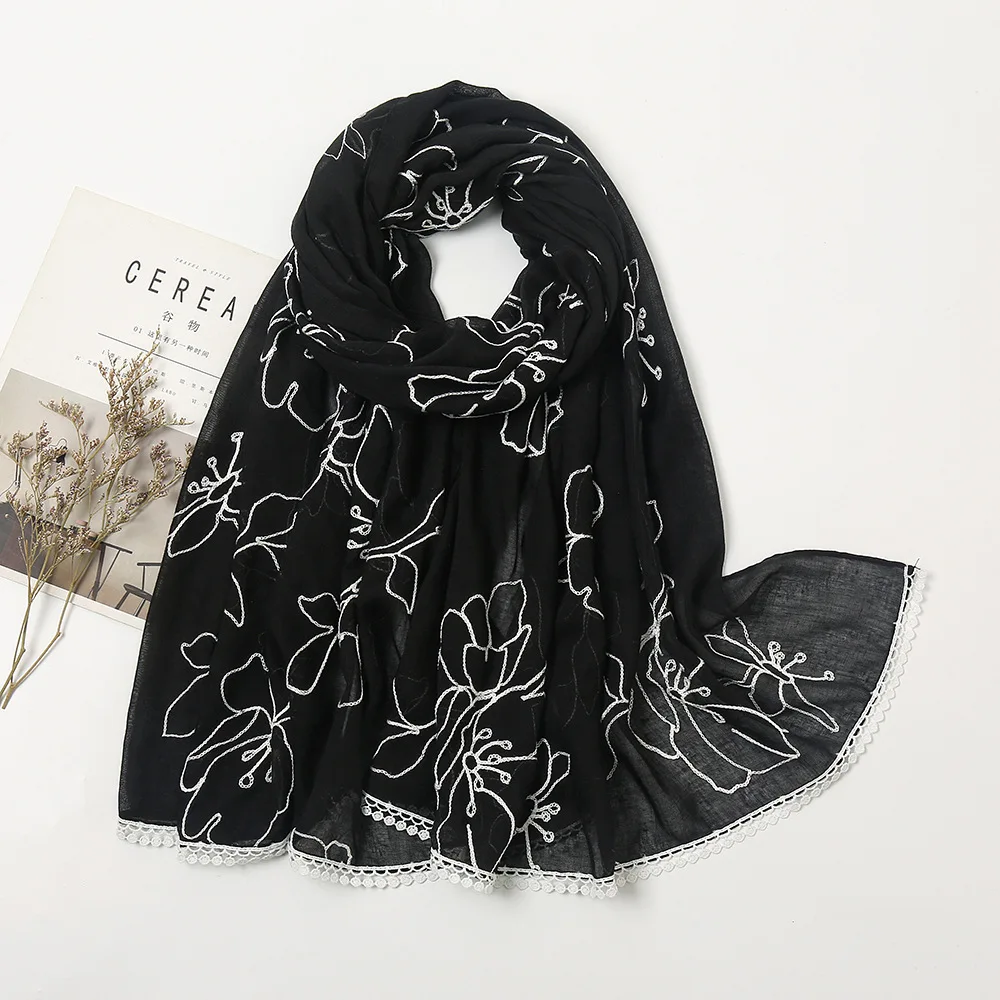 Top Trends: Plain Embroider Lace Floral Viscose Shawl Scarf Lady High Quality Stitch Hijabs And Wraps Pashmina Stole Foulards Muslim Sjaal Shoppable Styles