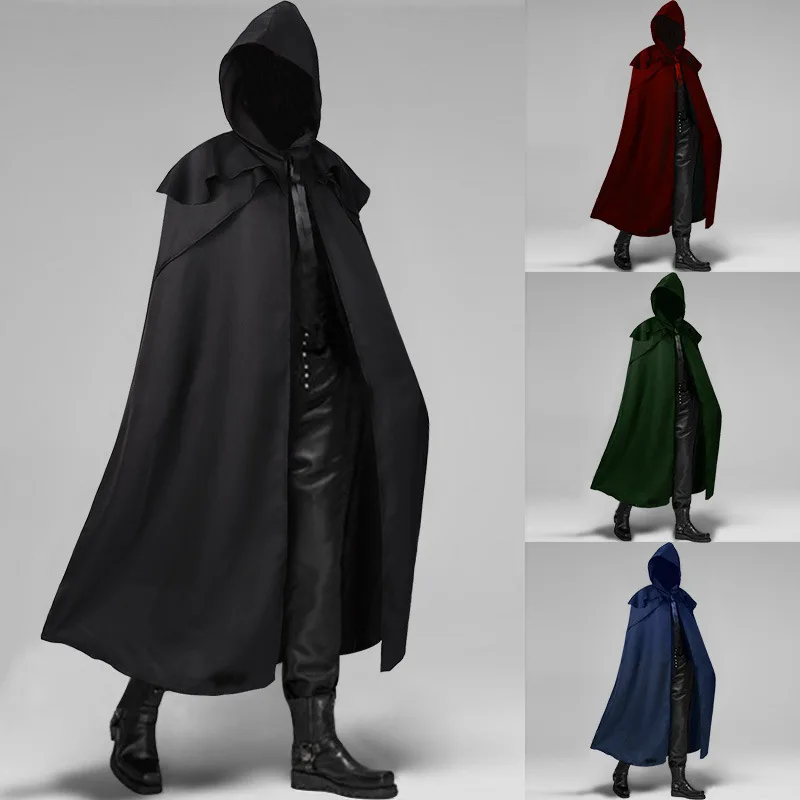 Top Trends: Black Men Cloak Hooded Medieval Monk Costume Solid Windproof Mens Trench Coat Gothic Wicca Wizard Cape Halloween Death Mantles Shoppable Styles