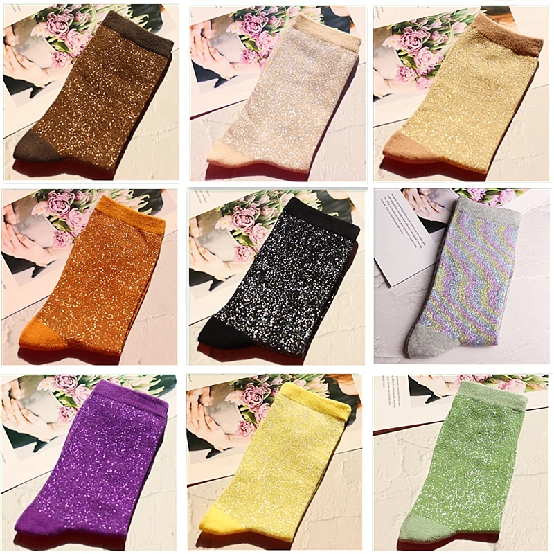 Top Trends: Fashion Women&#039;s Shiny Solid Color High Quality Combed Cotton Socks Gold And Silver Thread Soft And Comfortable Woman Socks Shoppable Styles